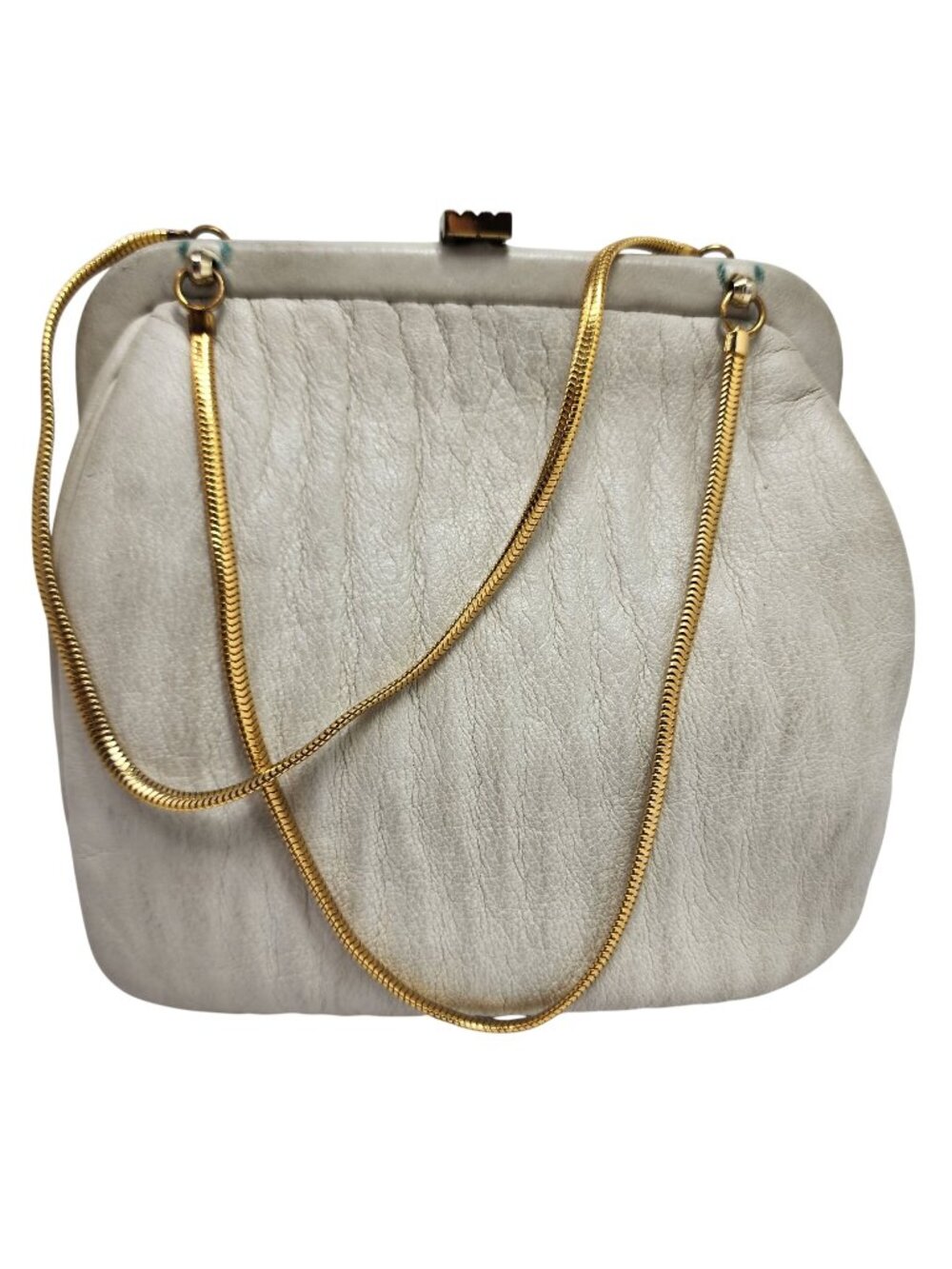 Vintage Ronay White Leather Evening Bag With Gold Chain Strap & Clasp